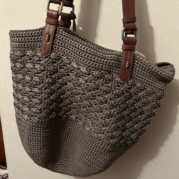 TheSak crochet bag, zipper close, lined 2strap, taupe, logo dangle + colorsplash - Picture 9 of 12